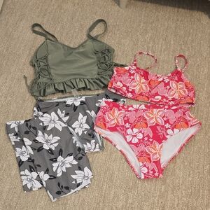 Floral Bikini and Olive Ruffle Three Piece Set- adult Small